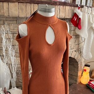 Say What? Orange Cold Shoulder Ribbed Dress
